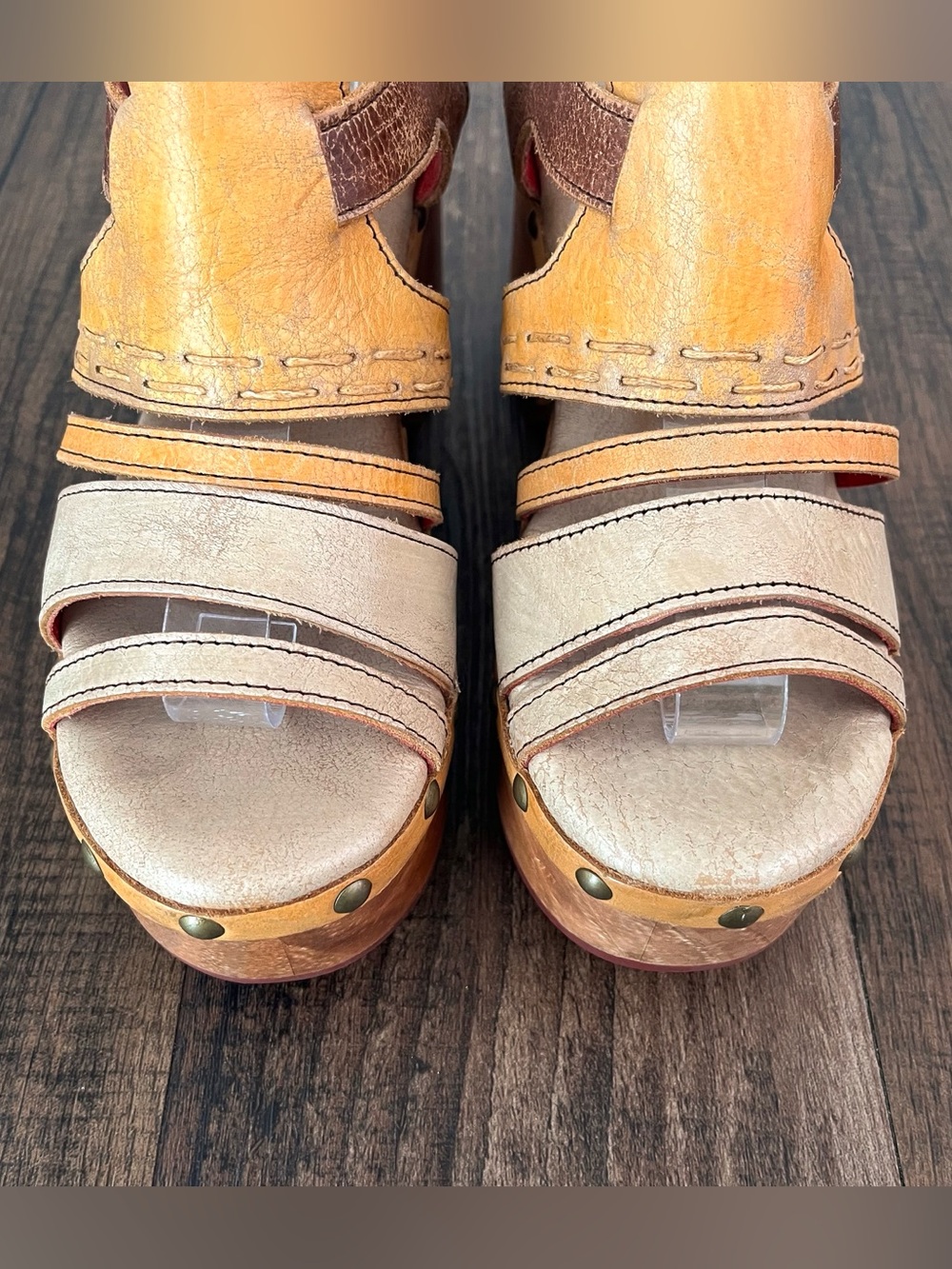 Bed Stu Falabella Leather Platform Sandal Wood Block Heel Studded Size 8.5 Multi - Picture 4 of 16